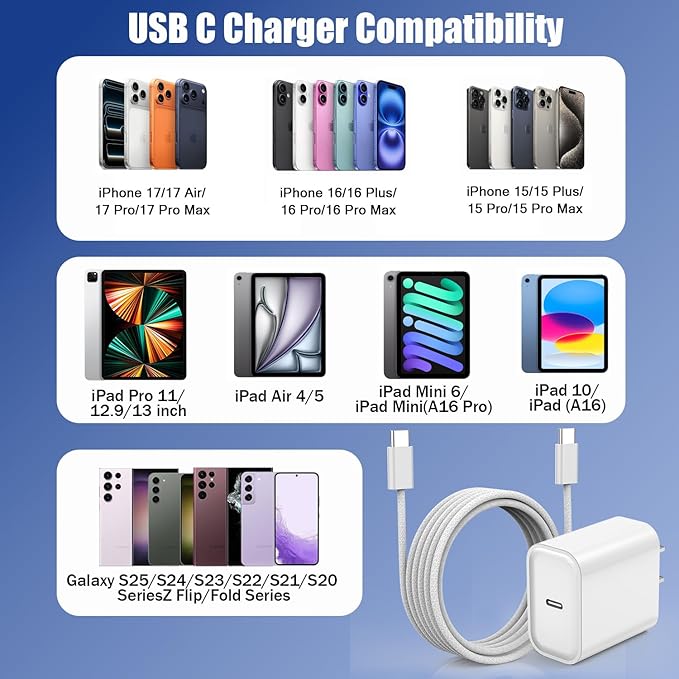 Fast Charger for iPhone 17 16,【Apple MFi Certified】20W Type C Wall Charger Block with 10Foot USB C to C Woven Braided Cable for iPhone 17/17 Air/17 Pro Max/17 Pro/16/16 Pro Max/16 Plus/15/iPad/Airpods