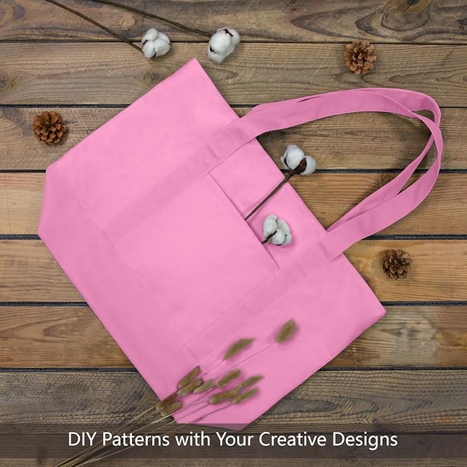 TOPDesign 3-Pack Canvas Tote Bags with an External Pocket, Reusable Grocery Shopping Bags, Top Zipper Closure, Daily Essentials (Pink)