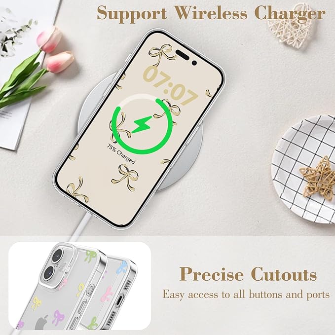 EYZUTAK Case for iPhone 16, Clear Cute Ribbon Bowknot Pattern Aesthetic Transparent Phone Case Raised Camera Protection Stylish Slim Soft Durable TPU Protective Cover for Women Girls - Colorful