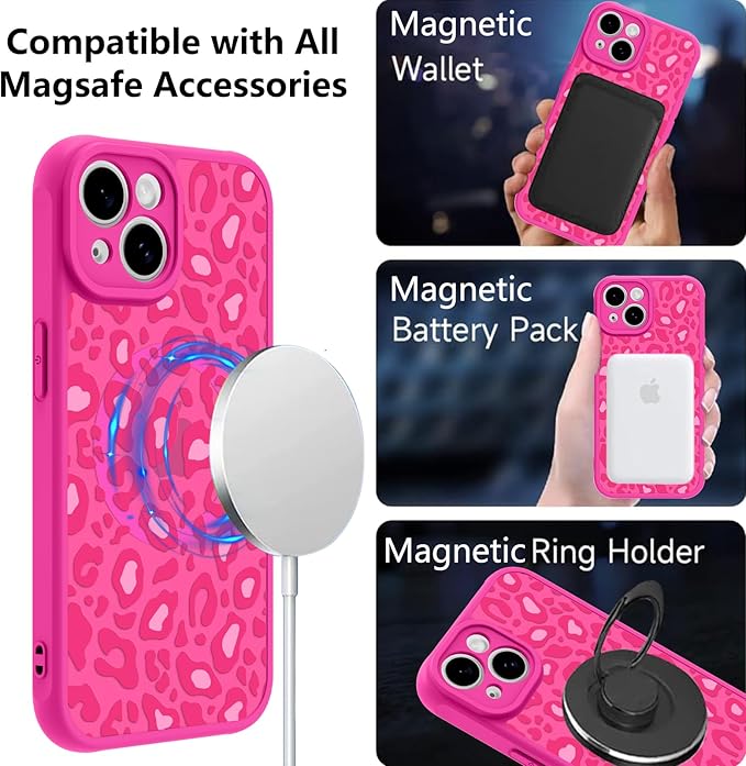 KANGHAR Case for iPhone 15 Plus Hot Pink Leopard Printed Pattern Cute Cheetah [Compatible with Magsafe] Protective Magnetic Case for Girls Women 6.7"