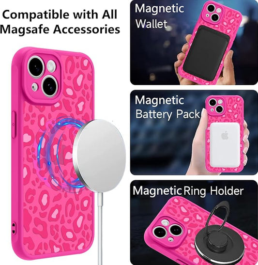 KANGHAR Case for iPhone 15 Plus Hot Pink Leopard Printed Pattern Cute Cheetah [Compatible with Magsafe] Protective Magnetic Case for Girls Women 6.7"