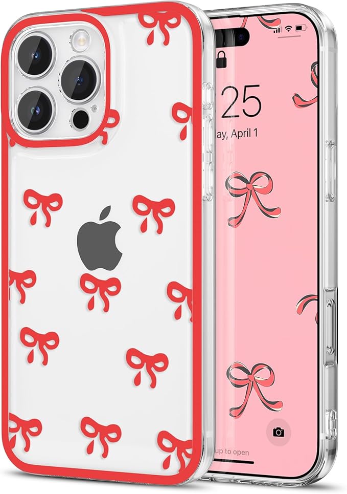EYZUTAK Case for iPhone 16 Pro, Clear Cute Ribbon Bowknot Pattern Aesthetic Transparent Phone Case Raised Camera Protection Stylish Slim Soft Durable TPU Protective Cover for Women Girls - Red