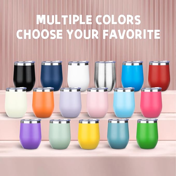 12oz/4 Pack Stainless Steel Wine Tumbler with Lid and Straw, Double Wall Vacuum Insulated Wine Tumbler Glasses, Stemless Travel Mugs for Hot and Cold Drinks, Coffee, Wine, Cocktails