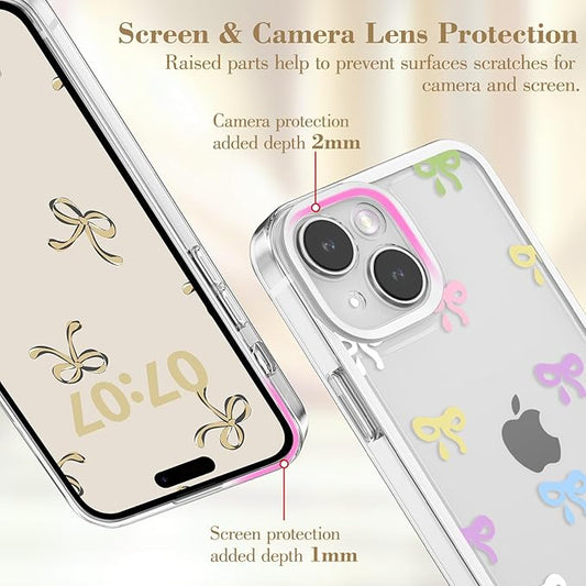 EYZUTAK Case for iPhone 14 Plus, Clear Cute Ribbon Bowknot Pattern Aesthetic Transparent Phone Case Raised Camera Protection Stylish Slim Soft Durable TPU Protective Cover for Women Girls - Colorful