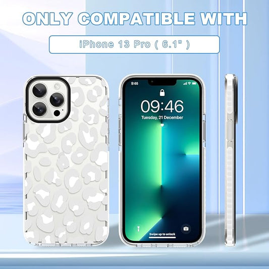 ZIYE Clear Case for iPhone 13 Pro Phone Case White Leopard Design Shockproof Soft TPU Bumper Protective for Women Girls Girly Cute Cover for