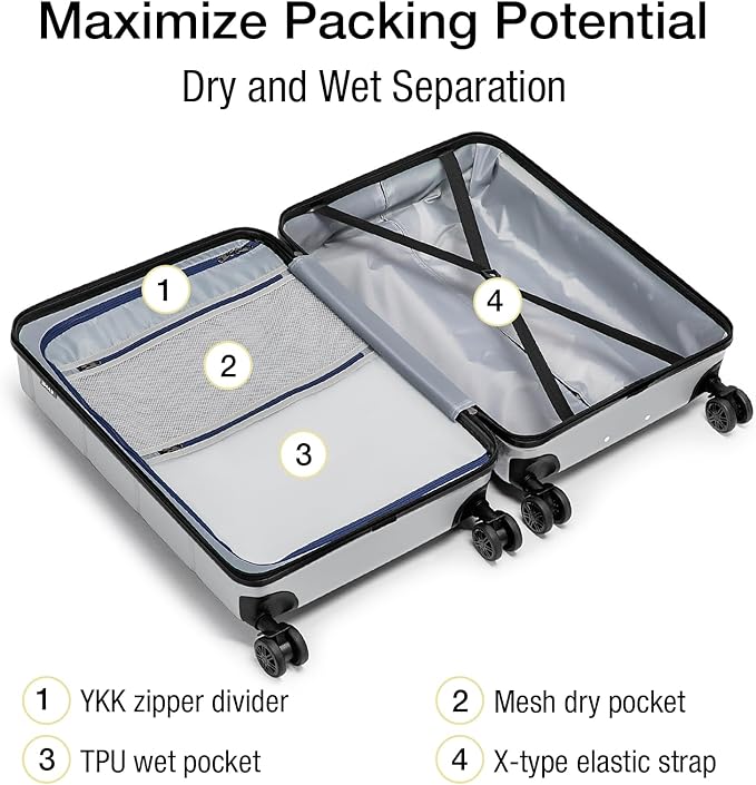 KYME Luggage Sets 2 Piece Hardshell 22"/26" Suitcase with Spinner Wheels Durable Suitcases Sets with TSA Lock Lightweight Travel Luggage Set for Women Men Silver Grey