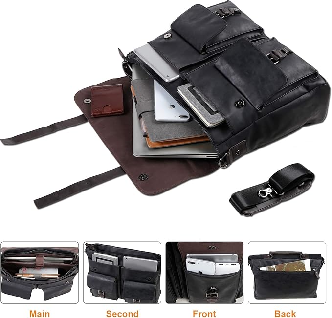 seyfocnia Men's Vintage Black 17.3 Inch Water Resistant PU Leather Laptop Bag, Messenger Bag, Satchel, Briefcase