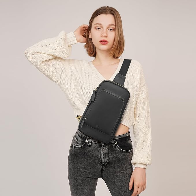 S-ZONE Sling Bag for Men Women RFID Blocking Top Grain Leather Crossbody Shoulder Bag Chest Hiking Daypack Travel