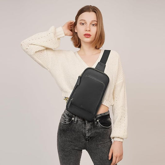 S-ZONE Sling Bag for Men Women RFID Blocking Top Grain Leather Crossbody Shoulder Bag Chest Hiking Daypack Travel