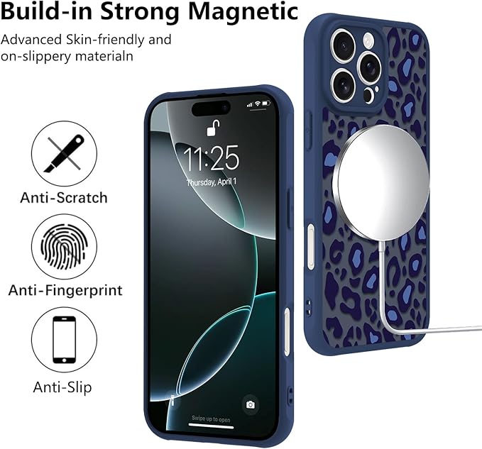 KANGHAR Case for iPhone 16 Pro Max Blue Leopard Printed Pattern Cute Cheetah [Compatible with Magsafe] Protective Magnetic Case for Girls Women 6.9"
