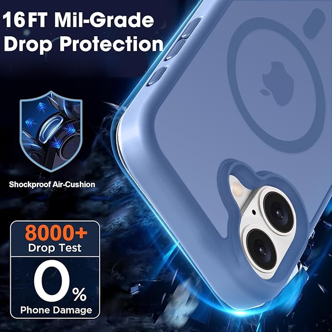 MOCCA Strong Magnetic for iPhone 16 Case, [Compatible with Magsafe][16FT Mil-Grade Drop Protection] Slim Thin Translucent Matte Protective Cover Case for iPhone 16 Phone Case 6.1", Blue