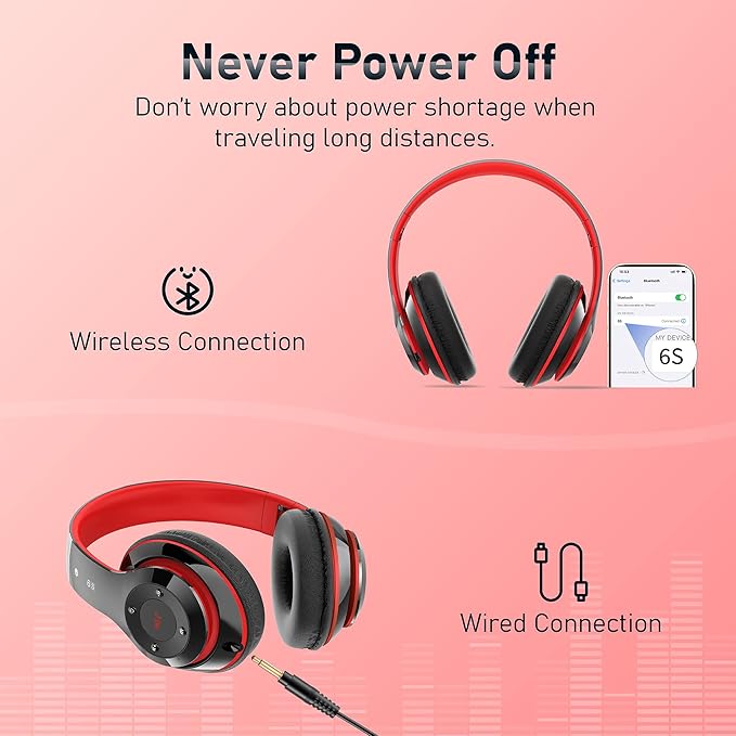 Bluetooth Headphones Over Ear, 6S Foldable Wireless Headphones with 6 EQ Modes, 40 Hours Playtime HiFi Stereo Headset with Mic, Soft Ear Pads, TF/FM for Cellphone/PC/Home (Red)