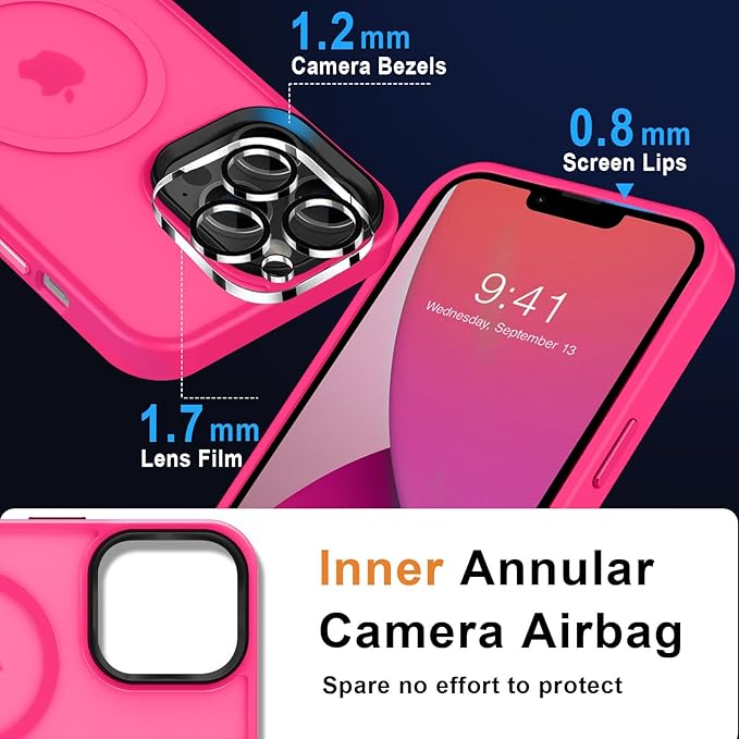 MOCCA Strong Magnetic for iPhone 13 Pro Max Case,[Compatible with Magsafe][Glass Screen Protector+Camera Lens Protector] Slim Thin Shockproof Cover Phone Case for iPhone 13 Pro Max 6.7", Hot Pink