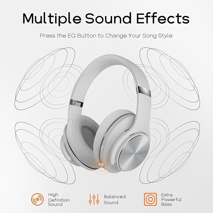 DOQAUS Bluetooth Headphones Over Ear, 90H Playtime Wireless, 3 EQ Modes, HiFi Audio & Deep Bass, ENC Noise Isolating Mic, Soft Earpads for Phone/PC