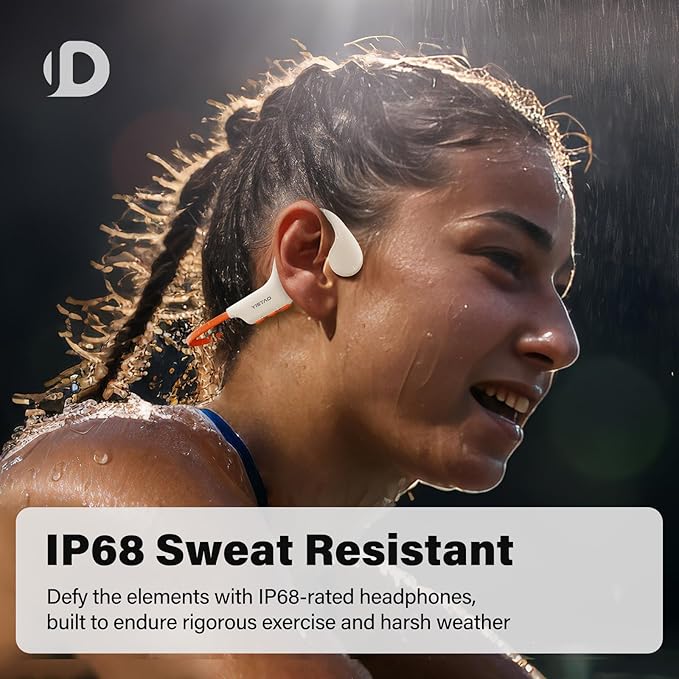 Bone Conduction Headphones, Open Ear Headphones Wireless Earphones, 32GB MP3, 8 Hours Playtime, Bluetooth 5.3, IP68 Waterproof Headphones for Running and Fitness Workout - Beige Orange