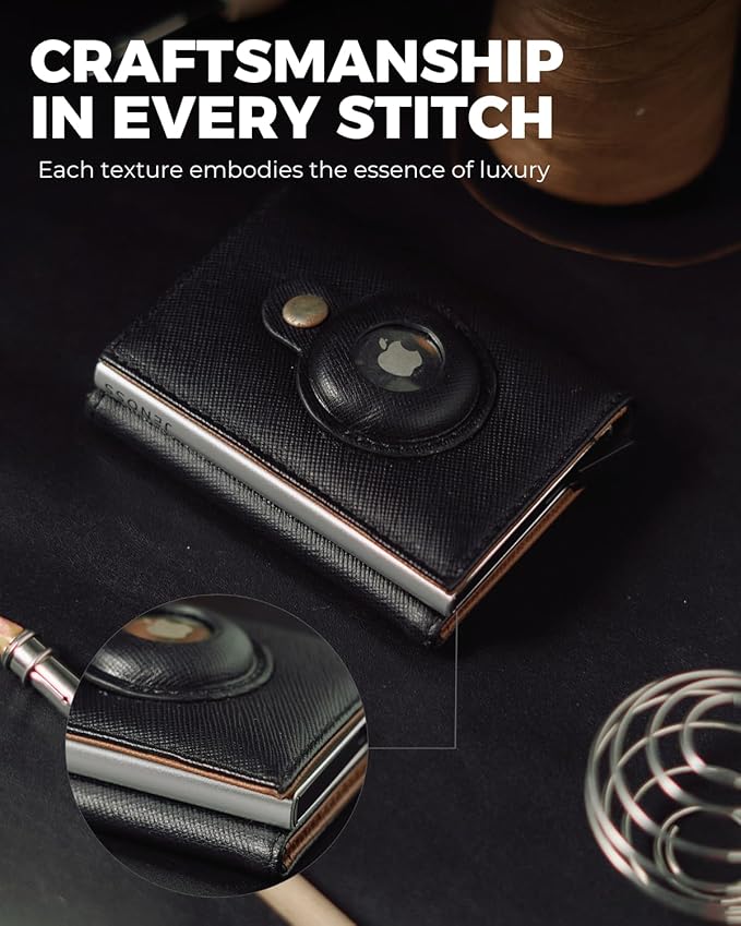 Jenoss Smart AirTag Wallet for Men: Full Grain Leather, Handcrafted, Silver Pop Up Case,Slim, RFID Blocking Credit Card Holder Compact, 12 Slot Organizers ID Cash Apple Air Tag Tracker (Black&Brown)