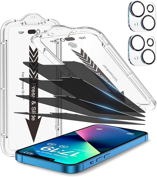EZ-GLAZ-4+2 Pack for iPhone 13 Privacy Screen Protector[6.1 inches] With Camera Lens Protector, [Drop Protection] 9H Hardness Full Coverage Anti-Spy Tempered Glass Film, Easy to install
