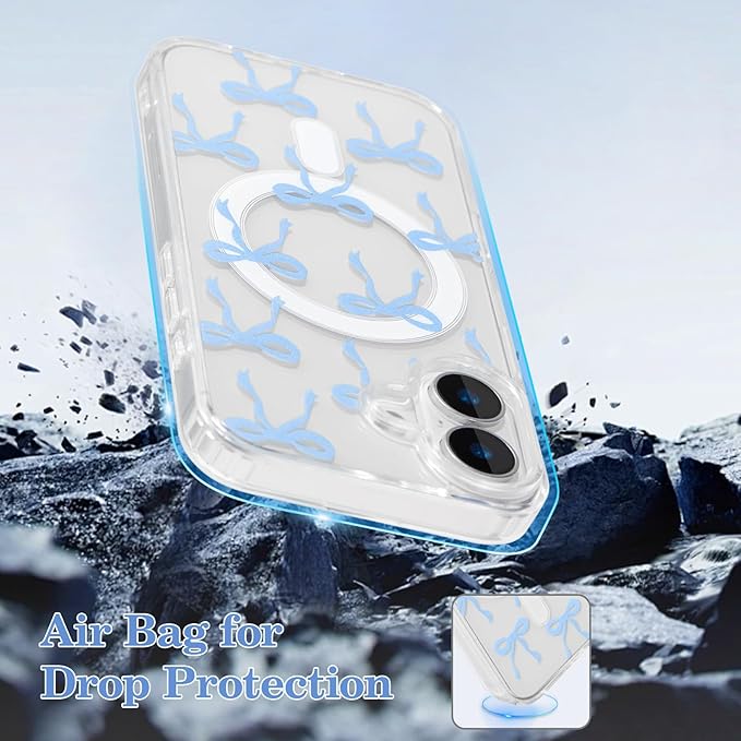 UEEBAI Magnetic for iPhone 16 Plus Case, Bow Case Compatible with MagSafe, Wireless Slim Clear Ribbon Aesthetic Phone Cover Anti-Yellowing Shockproof Protective Cover for Women Girl - Baby Blue
