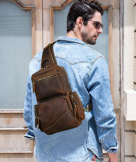 LANNSYNE Vintage Full Grain Leather Chest Sling Bag Fits 10.5 iPad Crossbody Single Strap Backpack for Men