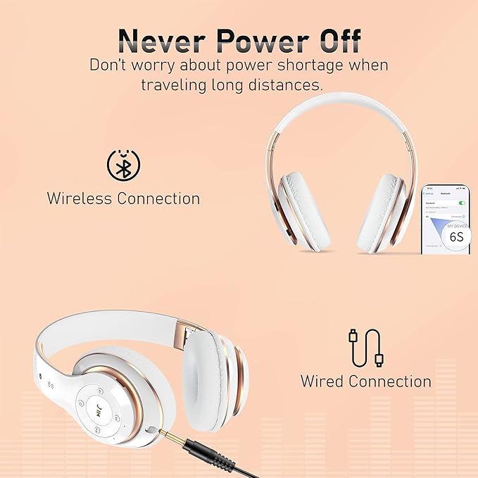 Bluetooth Headphones Over Ear, 6S Foldable Wireless Headphones with 6 EQ Modes, 40 Hours Playtime HiFi Stereo Headset with Mic, Soft Ear Pads, TF/FM for Cellphone/PC/Home (White & Gold)