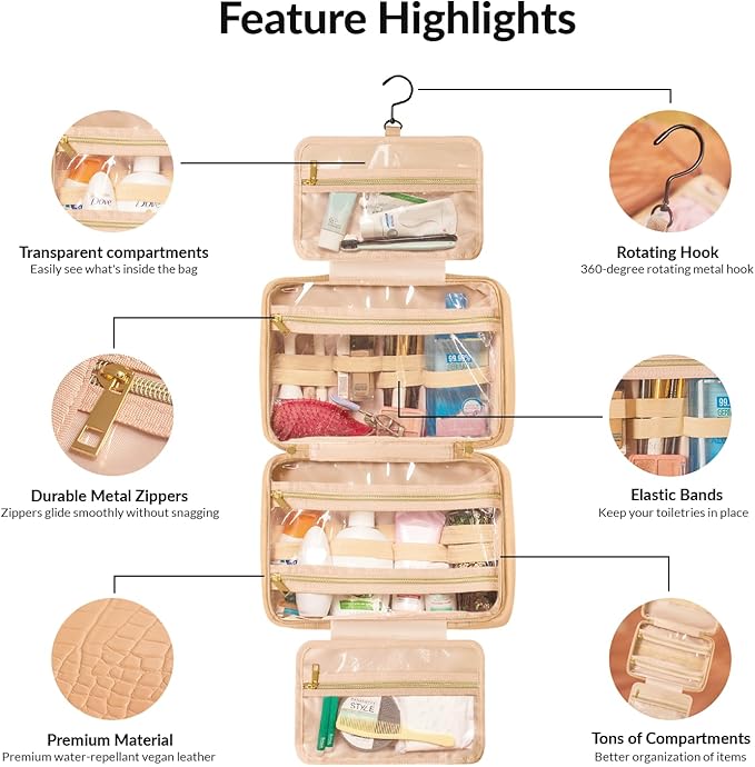 Dot&Dot Spacious Leather Toiletry Bathroom Bag - Hanging Travel Toiletry Bag for Women - Men's & Women's Toiletries Makeup and Cosmetic Organizer for Traveling Women