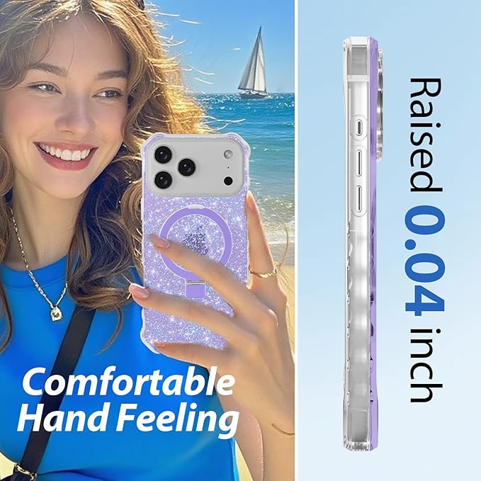 Magnetic for iPhone 17 Pro Max Case with Invisible Stand, Compatible with MagSafe, Clear Bling Sparkle Shockproof Slim Anti-Slip Military Drop Protection Hard Phone Case 6.9" Glitter Purple