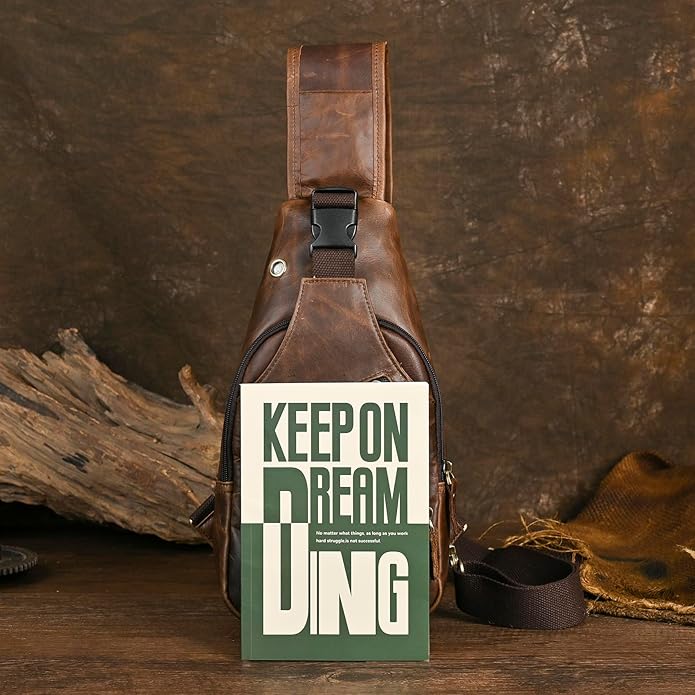 Le'aokuu Men Fashion Casual Tea Designer Travel Hiking Crossbody Chest Sling Bag Rig One Shoulder Strap Bag Men Leather 8015