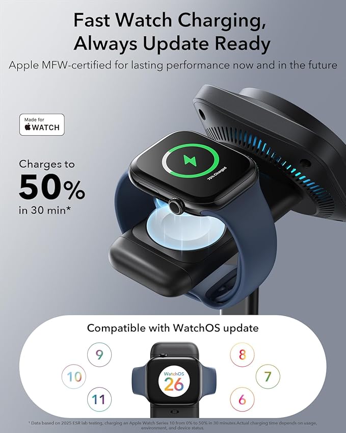 ESR for 3-in-1 Charging Station, Qi2.2 Certified 25W MagSafe Charger Stand with CryoBoost, Phone-Cooling Fast Charging Station, for iPhone 17/16/15/14/13/12, AirPods, Apple Watch, Black
