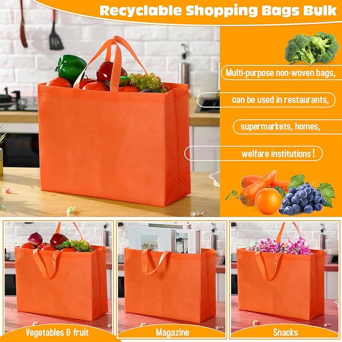 Windyun Reusable Grocery Bags Large Non Woven Shopping Bags with Handles Foldable Portable Tote Bulk, 16x6x12 Inch