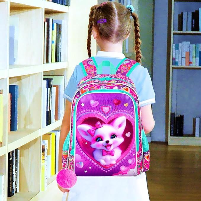 3Pcs Fox Backpack for Girls, 16" Kids Bookbag with Lunch Box, School Backpacks Set for Elementary Preschool Kindergarten(Pink)