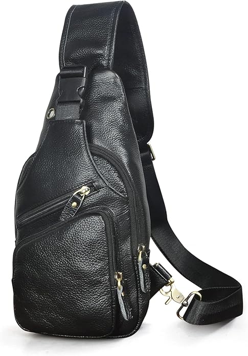 Le'aokuu Men Fashion Casual Tea Designer Travel Hiking Crossbody Chest Sling Bag Rig One Shoulder Strap Bag Men Leather 8015