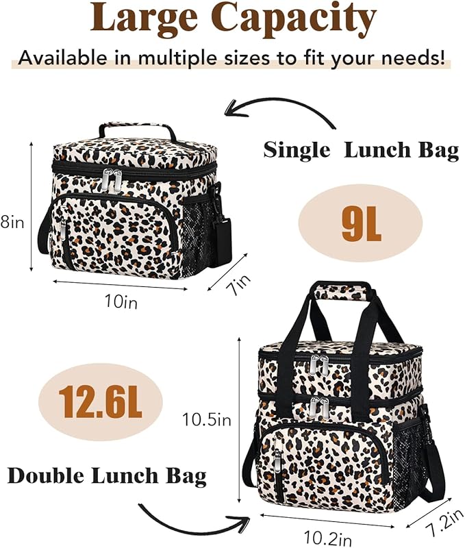 Lunch Box for Women, Double Insulated Lunch Bag Reusable Leakproof Cooler Bag Portable Picnic Food Bag, Adult Lunch Tote Lunch Bag for Work, Construction Worker, Truck Driver-Leopard Print