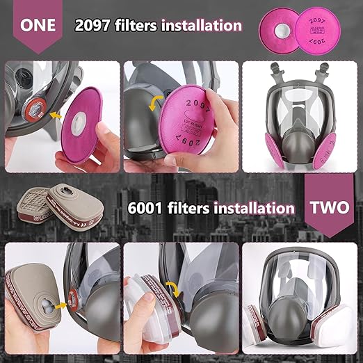 Full-Face Respirator Mask with Filters - Reusable Gas Mask with Filter Cottons, 6001 box and 2097 Particulate filter, Respirator Mask For Chemicals, Painting, Polishing, Welding, Spraying