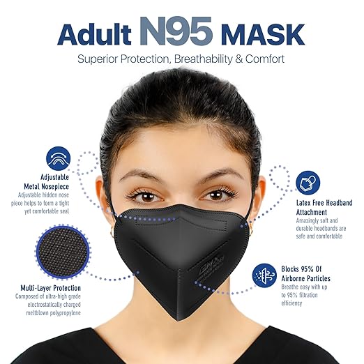 AccuMed BNX N95 Mask Black NIOSH Certified MADE IN USA Particulate Respirator Protective Face Mask (50-Pack, Approval Number TC-84A-9315 / Model H95B) Black