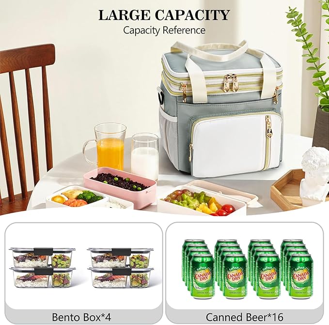 LOKASS Lunch Box for Women, 16L, Double Deck Expandable Insulated Lunch box For Adults/Women Thermal Large Waterproof Leakproof Cooler Bag with Shoulder Strap - Grey Green