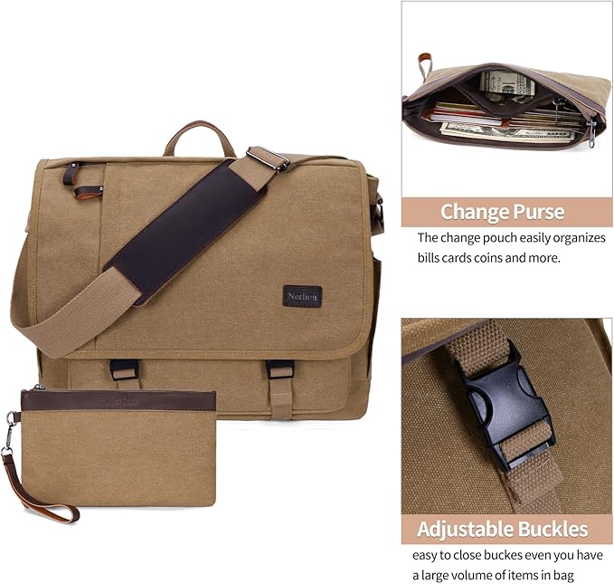 Nerlion Messenger Bag for Men 17-17.3 Inch Laptop Bag Canvas Water-resistant Computer Bag Shoulder Bag Work Briefcase Bookbag for College (Brown)