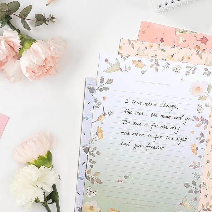 64 Pcs Stationery Paper Envelopes Set Includes 42 Lined Writing Paper & 21 Envelopes with 48 Colorful Round Dot Stickers, Cute Vintage Floral Letter Writing and Stationery Paper Envelopes(7Style)