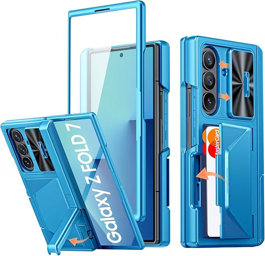 for Samsung Galaxy Z Fold 7 Case with Card Holder RFID Blocking, Built in Slide Lens Cover & Hinge Protection & Kickstand & Screen Protector, Shockproof Wallet Case for Z Fold 7 (Lake Blue)