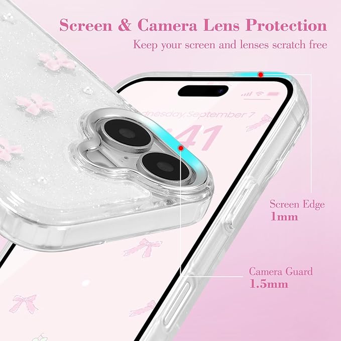 EYZUTAK Case for iPhone 16 Plus, Bling Glitter 3D Bowknot Phone Case Cute Sparkly Crystal Clear Bow Aesthetic Design Case Slim Soft Durable TPU Transparent Protective Cover for Women Girl - Pink Bow