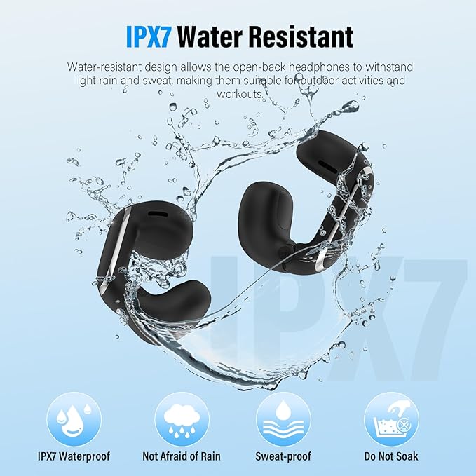 Wireless Earbuds, Clip On Ear Headphones, Bluetooth 5.4 HiFi Stereo Earbuds, 42H, LED Display Ear Buds, Comfortable Lightweight, IP7 Waterproof Open Ear Earphones, Earbud for Workouts Running, Black