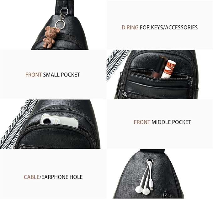 Sling Bag for Women Cross Body Bags Fanny Packs Shoulder Bag Sling Backpack Vegan Leather Trendy Travel Purses Black