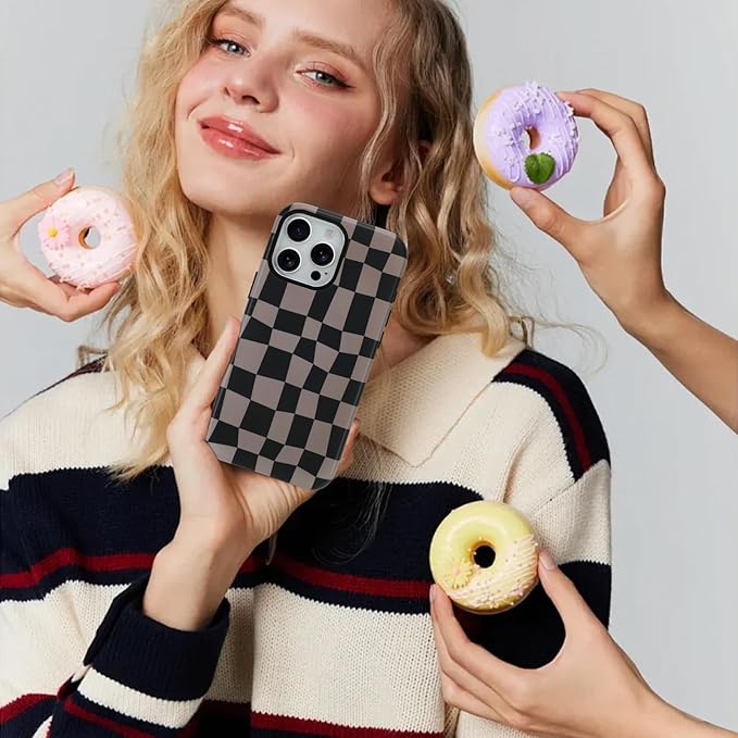 SOKAD Magnetic Checkered Phone Case for iPhone 15 Pro, Cute Grids Plaid Checkerboard Pattern Compatible with Magsafe Matte Protective Case Cover with Screen Protector for Girls Women, Black & Brown