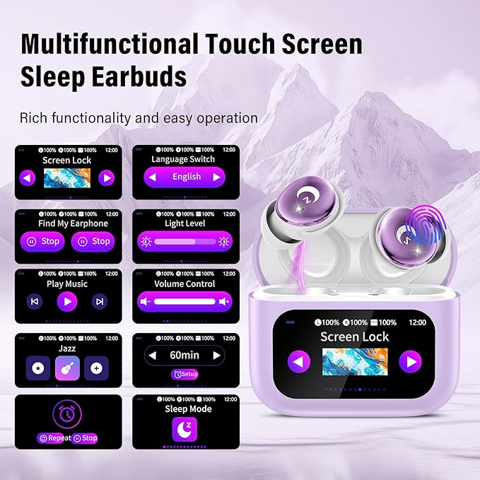 Sleep Earbuds Bluetooth 5.4 in Ear Smart Touch Screen Ear Buds, 48H Playtime Mini Sleep Headphones Small Design for Side Sleepers, Crystal-Clear Calls, 5 EQ Modes, IPX7 Waterproof Earphone Purple