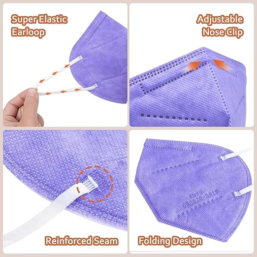 KN95 Face Masks 100 PCS, 5-Ply KN95 Purple Masks,Breathable Protection Masks, Individually Wrapped, Cup Dust Safety Mask