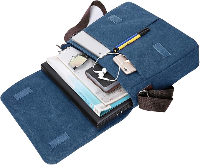 Vintage Canvas Satchel Messenger Bag for Men Women,Travel Shoulder bag 13.5" Laptop Bags Bookbag (Blue)