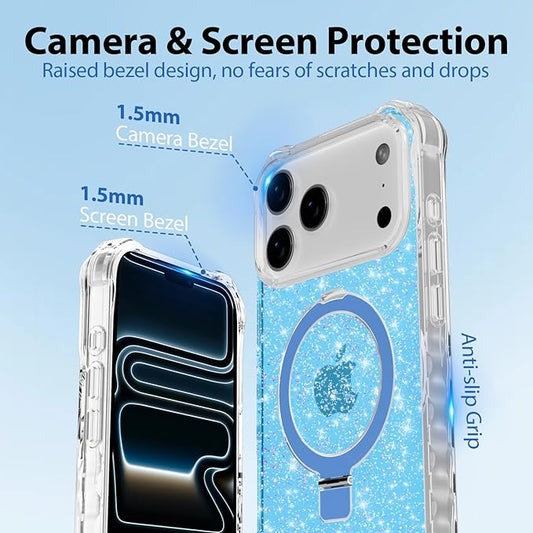 Magnetic for iPhone 17 Pro Case with Invisible Stand, Compatible with MagSafe, Clear Bling Sparkle Shockproof Slim Anti-Slip Military Drop Protection Hard Phone Case 6.3" Glitter Blue