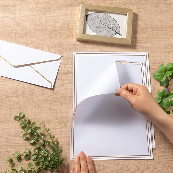 50 Pack Stationery Set with Gold Border, #10 Business Envelopes and 8.5x11 Paper Sheets and Stickers for Writing Letters (White, 8.5x11 Inches)