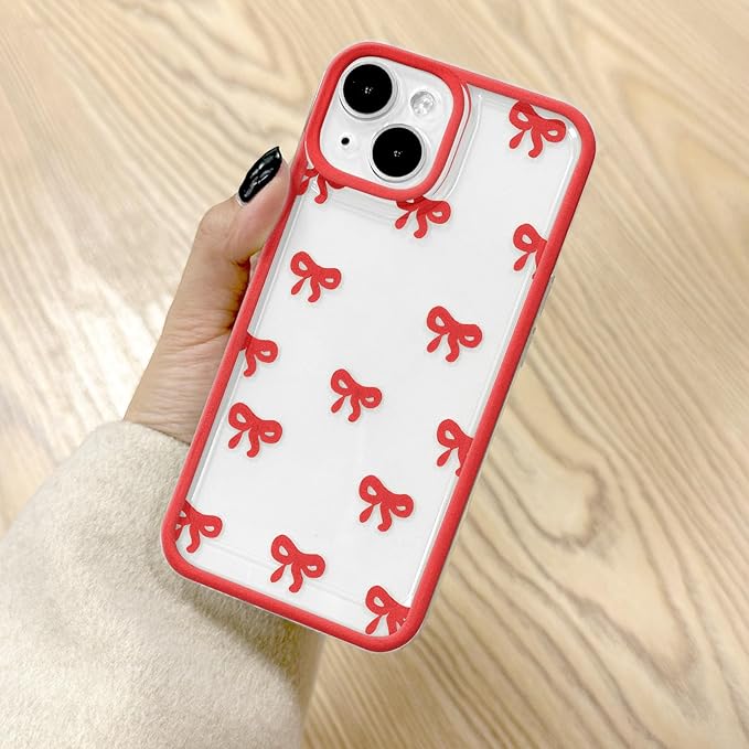 EYZUTAK Case for iPhone 13, Clear Cute Ribbon Bowknot Pattern Aesthetic Transparent Phone Case Raised Camera Protection Stylish Slim Soft Durable TPU Protective Cover for Women Girls - Red