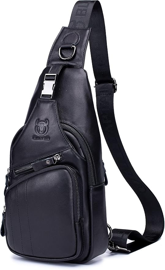 BULLCAPTAIN Men Sling Chest Bag Genuine Leather Casual Multipurpose Crossbody Shoulder Backpack Travel Hiking Daypack (Black)