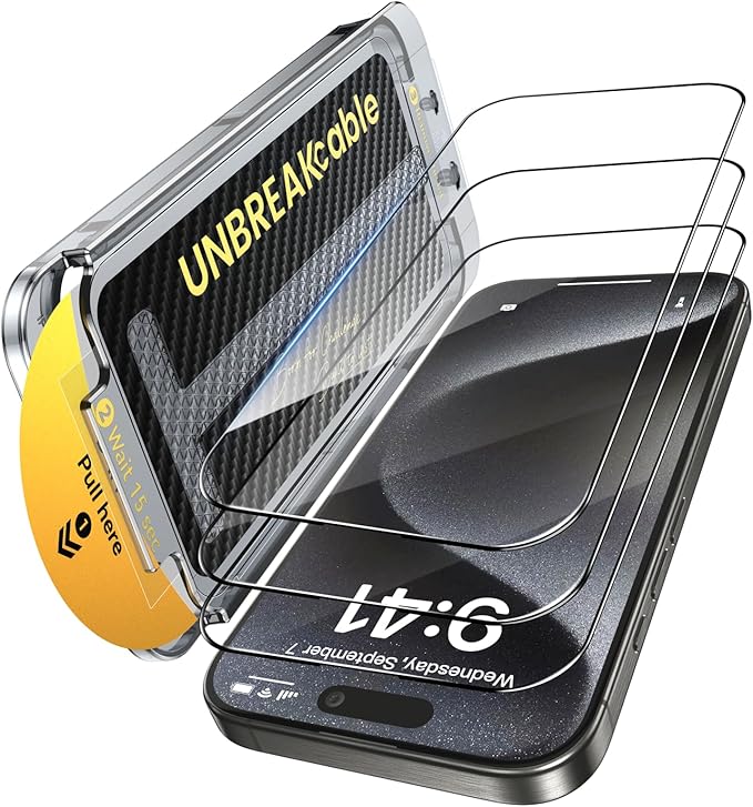 UNBREAKcable 3-Pack Screen Protector for iPhone 15 Pro Max Tempered Glass - [One-Pull Perfection] [Auto Dust-Elimination] [9H+ Hardness] [99.99% HD Clear] Full Coverage for iPhone 6.7 inch